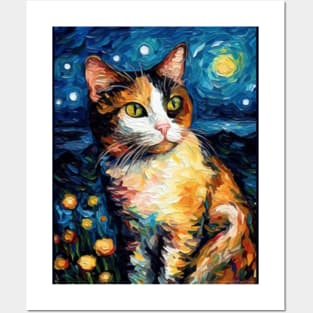 Starry Night Calico Cat Painting: Unique Feline Artwork with Whimsical Starry Sky Background Posters and Art